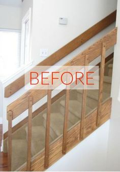 before and after shot of a stair case in an empty house with wood handrails