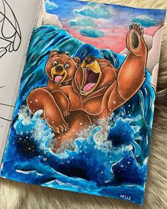 a drawing of two bears in the ocean with their mouths open and one bear holding its paw up