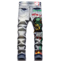 Get the perfect fit with our men's skinny fit graphic print jeans. with a modern cut and creative design, these jeans are perfect for any casual occasion. Pants Outfit Men, Street Jeans, Men Jeans Pants, Streetwear Jeans, Custom Jeans, Painted Jeans, Retro Blue, Painted Denim, Jeans For Men