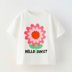 Crocheted Flower T-Shirt Size 2-3 Years New With Tags Cute Multicolor T-shirt For Spring, Zara T-shirt With Letter Print For Spring, Cute Floral Embroidery Summer Tops, Playful Cotton T-shirt For Spring, Pink Cotton Tops With Floral Applique, White Floral Embroidered T-shirt For Spring, White Crew Neck T-shirt With Floral Applique, Zara Letter Print Top For Spring, White Short Sleeve T-shirt With Floral Applique