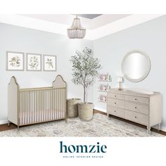 a baby's room with a crib, dresser and mirror on the wall