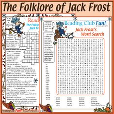 the folklore of jack frost cross stitch pattern is shown on an orange background with words and pictures