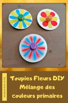 three plates with flowers painted on them and the words topies fliers diy melage des couleurs primairees