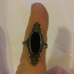 Lovely vintage sterling filigree ring by Beau it has a very long onyx inset Adjusts somewhat. currently a 5-3/4 Ive left the oxidation on the ring, looks Gothic. Ring Guard, Silicone Rings, Black Onyx Ring, Black Jewelry, Filigree Ring, Delicate Jewelry, Onyx Ring, Cz Ring, Green Turquoise