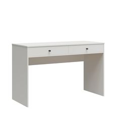 a white desk with two drawers on the top and one drawer at the bottom, in front of a white background