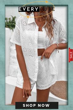 Women's Cotton Hollow Embroidered Shirt & Shorts Two-piece Set (without Camisole) Cotton Beach Sets With Floral Embroidery, Beach Sets With Floral Embroidery In Cotton, White Floral Embroidery Sets For Vacation, Embroidered Short Sleeve Summer Sets, Summer Embroidered Short Sleeve Sets, White Short Sets For Day Out, White Embroidered Vacation Sets, Embroidered Beach Sets For Spring, Beach Embroidered Cotton Set