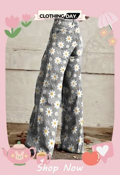 Women's Vintage Flower Daisy Print Casual Wide Leg Pants Floral Trousers, Casual Wide Leg Pants, Pantalon Large, Vintage Pants, Type Of Pants, Wide Leg Denim, Outfit Casual, Casual Denim, Stylus