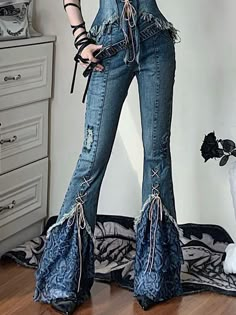 This price is for a pair of pants only, others are not included.   	 		 			Size 			S 			M 			L 		 		 			Full Length 			103 			104 			105 		 		 			Waist 			66 			70 			74 		 		 			Hips 			82 			86 			90 		 		 			Thigh 			44 			45 			46 Denim Flare Pants, Outfit References, Clothes Reference, Mode Casual, Upcycled Fashion, Really Cute Outfits, Denim Flares, Clothing Design, Character Outfits