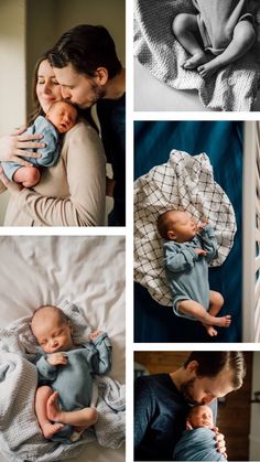 a woman holding a baby in her arms while laying on top of a bed next to another