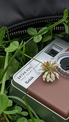 an old camera is laying in the grass with a flower on it's side