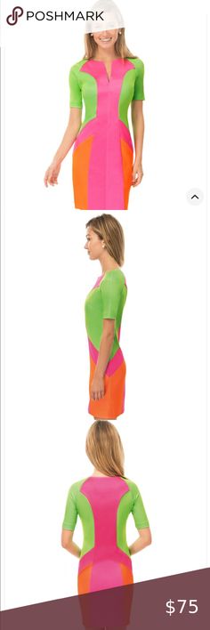 Mod Jersey Colorblock Dress Gretchen Scott bright pink, green, and orange short sleeve mini dress in size shrimp which is an XXS. New with tags!   Details  35" Length 8" Sleeves Split Neck Angular Color Blocking 4" Hand Hem Contrast Inside Back Panel  Fabric Care  97% Polyester/3% Elastane Machine Wash Cold/No Heat Dry Gretchen Scott Designs Dresses Mini Color Block Stretch Mini Dress, Stretch Color Block Mini Dress, Casual Color Block Mini Dress For Party, Green Color Block Party Dress, Fitted Color Block Mini Dress For Party, Color Block Short Sleeve Party Dress, Beach Color Block Mini Dress, Green Color Block Mini Dress, Multicolor Color Block Mini Dress For Party