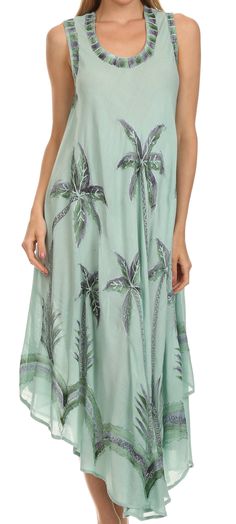 Sakkas Watercolor Palm Tree Tank Caftan Short Dress Green Tropical Sundress For The Beach, Green Tropical Sundress For Beach, Tropical Green Sundress For Beach, Beach Sundress In Green, Green Tropical Print Sundress For Beach, Rayon Beach Dress For Beach Season, Casual Sleeveless Dresses With Palm Tree Print, Hawaiian Style Sundress With Tropical Print For Vacation, Rayon Beach Dress For Beachwear