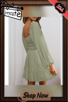 Pea Green Square Neck Pleated Chiffon Mini Dress Summer Chiffon Long Sleeve Dress With Ruffles, Summer Chiffon Dress With Ruffles And Long Sleeves, Long Sleeve Chiffon Dress With Ruffles For Summer, Casual Long Sleeve Chiffon Dress With Ruffles, Casual Flowy Chiffon Long Sleeve Dress, Flowy Long Sleeve Chiffon Dress Casual, Casual Flowy Chiffon Dress With Long Sleeves, Casual Long Sleeve Chiffon Summer Dress, Green Long Sleeve Chiffon Dress Casual