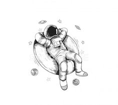 an astronaut floating in the air with his arm around another person's body and planets surrounding