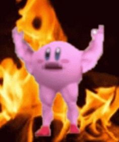 a cartoon character standing in front of a fire with his hand up to the side