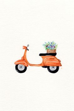 an orange scooter with flowers on the back