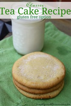 two cookies and a glass of milk on a green napkin with the words gluten free option