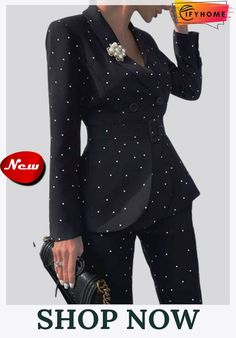 Polka Dots Lapel Elegant Blazer Dots Outfit, Polka Dots Outfit, Winter Suit, Fashion Diva, Belted Blazer, Bon Ton, Printed Blazer, Long Sleeve Blazers, Black Polka Dot