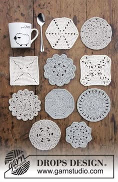 crocheted coasters and cups are arranged on a wooden table with the words drops design