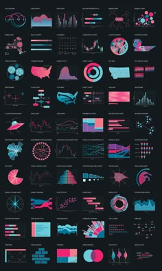 a poster with different types of graphs and numbers on it's black back ground