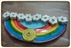 a plate that has some kind of candy on it with the word rainbow spelled out