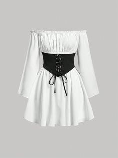 Black and White Casual,Elegant Collar Long Sleeve Woven Fabric Colorblock A Line Embellished Non-Stretch  Women Clothing Gothic Tops For Spring Costume Party, Gothic Top For Spring Costume Party, Gothic Spring Top For Costume Party, Fitted Gothic Blouse For Summer, Gothic Summer Corset For Cosplay, Gothic Corset For Summer Cosplay, Summer Gothic Corset For Cosplay, White Gothic Top For Summer, Fitted Gothic Top With Overbust