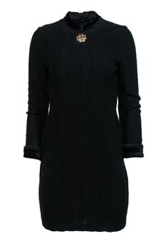 Current Boutique-St. John - Black Vintage Wool Mock Neck Dress w/ Brooch Sz 2 Long Sleeve Tweed Dress For Winter Evenings, Elegant Long Sleeve Tweed Evening Dress, Elegant Long Sleeve Tweed Dress For Evening, Fitted Tweed Evening Dress For Winter, Fitted Tweed Dress For Winter Evenings, Classic Evening Dresses For Winter, Elegant Winter Dresses With Lace Trim, Black Tweed Evening Dress, Elegant Black Tweed Dress For Formal Occasions