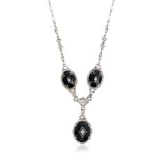 Ross-Simons - C. 1960 Vintage Onyx, .10ct t. w. Diamond Fancy-Link Necklace. 18". C. 1960. Joining our Estate collection, this sophisticated necklace will bring a sense of poise to any formal outfit with its noir color palette and intricately detailed craftsmanship. Amid the milgrain-detailed fancy links of 14kt white gold are three shiny 16x12mm carved onyx ovals that each sparkle with their own round brilliant-cut diamond, totaling .10 carats. Springring clasp, diamond and onyx fancy-link neck Noir Color Palette, Estate Diamond Jewelry, Noir Color, Antique Jewelry Necklace, Formal Outfit, Link Necklace, Round Brilliant Cut Diamond, Brilliant Cut Diamond, Estate Jewelry