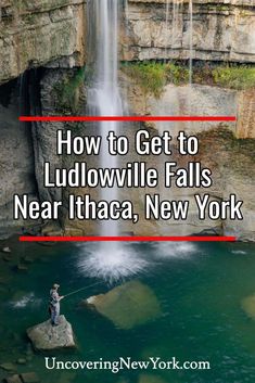 waterfall with text overlay how to get to luddowville falls near thaaga, new york