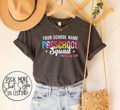 a t - shirt that says your school name is preschool squad and it's next time