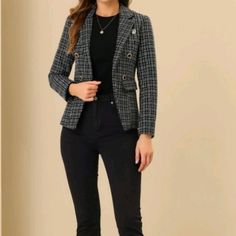 Fashionable Blazer Super Cute!! Nwt Allegra K Size M Casual Black Tweed Jacket With Buttons, Casual Black Tweed Jacket For Office, Tweed Blazer, Blazer Suit, Suit Jacket, Jackets & Coats, Super Cute, Jackets For Women, Black White