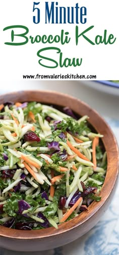 a salad with broccoli, carrots and cranberries in a wooden bowl