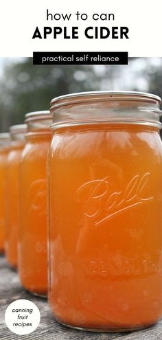 four jars filled with orange liquid sitting on top of a wooden table next to trees