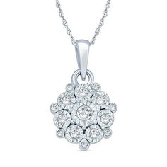 An eye-catching look, this diamond starburst pendant is like fireworks for her neck. Crafted in sterling silver, this shimmering design features a center diamond - artfully set to enhance size and sparkle - surrounded by smaller diamonds in the same artful settings. Captivating with 1/6 ct. t.w. of diamonds and a brilliant buffed luster, this pendant suspends along an 18.0-inch rope chain that secures with a spring-ring clasp. Starburst Pendant, Rope Chain, White Metal, Diamond Stone, Diamond Clarity, Necklace Designs, Spring Rings, Luxury Jewelry, Fireworks