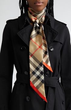 A scaled-up version of the famed check boldly patterns this twilly scarf made in Italy from silk twill. 70 1/2" x 3" 100% silk Dry clean Made in Italy Silk Scarf Outfit, Casual Corporate, Burberry Print, Silk Scarf Style, Corporate Chic, Twilly Scarf, Silk Twill Scarf, Scarf Outfit, Burberry Scarf