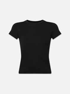 Details and Size  Crafted in indulgently soft and slightly sheer supima cotton, this baby tee is your go-to everyday t-shirt. Cut to a slightly shrunken fit, you can pair it with denim for a chic, fuss-free uniform.  FITS TRUE TO SIZE Teenage Wishlist, Black Tshirt Women, Black Fitted Shirt, Uniform Fits, Twd Clothes, T Shirt Cut, Black Shirts, Earthy Outfits, Golf Trip