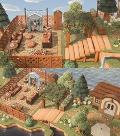 two views of an outdoor patio and deck area in the game animal crossing, which is designed to look like a floating island