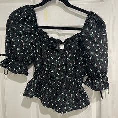 Brand New! Size: S Puff Sleeves H&m Blouse For Night Out In Spring, Black Spring Blouse For Day Out, Black Blouse For Spring Day Out, H&m Trendy Spring Blouse, Black Casual Blouse From H&m, Casual Puff Sleeve Tops From H&m, H&m Casual Puff Sleeve Tops, H&m Floral Top, H&m Floral Print Tops For Day Out