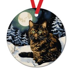 a cat sitting in the snow under a full moon ornament on a red ribbon