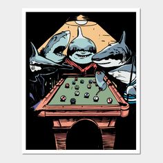 It's a funny take on the old dogs playing poker painting: look out for the pool sharks! -- Choose from our vast selection of art prints and posters to match with your desired size to make the perfect print or poster. Pick your favorite: Movies, TV Shows, Art, and so much more! Available in mini, small, medium, large, and extra-large depending on the design. For men, women, and children. Perfect for decoration. Playing Pool, Velvet Painting, Sharks Funny, Pop Art Print, Art And Illustration, Abstract Art Prints, Green Art, Forest Animals, Typography Poster