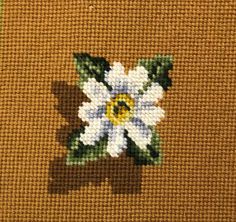 a cross - stitch picture of a white and yellow flower on a brown background with green leaves