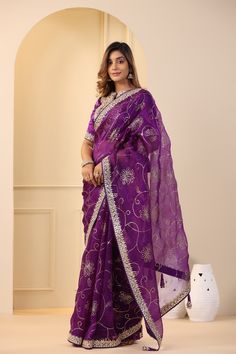 Go for this beautiful purple embroidered organza saree at parties and festive occasions. The saree comes with an embroidered blouse. Shop designer saree online in USA from Pure Elegance. Disclaimer: The actual product may vary slightly from the image. These are custom orders, hence expect slight variation in color, placement of the motif or buta. ESTIMATED DELIVERYBecause this is a custom order, it would take about 4 weeks from the date of purchase. RETURN POLICYThis product is a custom order an Embroidered Purple Georgette Pre-draped Saree, Purple Pre-draped Saree With Zari Work For Celebration, Purple Georgette Pre-draped Saree For Festivals, Purple Dola Silk Pre-draped Saree, Purple Georgette Pre-draped Saree For Eid, Purple Pre-draped Saree With Dupatta For Diwali, Purple Organza Pre-draped Saree With Dupatta, Purple Chanderi Pre-draped Saree For Wedding, Celebration Purple Georgette Pre-draped Saree