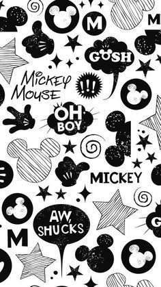 black and white mickey mouse wallpaper with the words'oh boy'in different languages