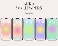 four iphones in different colors and sizes with the text aura wallpapers on them