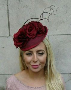 Burgundy Curved Brim Hat For Kentucky Derby, Elegant Burgundy Brimmed Hat, Burgundy Short Brim Hat For Kentucky Derby, Formal Burgundy Fitted Hat, Burgundy Fitted Hat, Fitted Burgundy Hat For Kentucky Derby, Elegant Adjustable Burgundy Hats, Adjustable Elegant Burgundy Hat, Elegant Red Felt Hat For Kentucky Derby