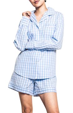 Feel cool and comfy in woven cotton pajamas styled with notched lapels, smooth piping and convenient pockets. Top has notched lapels; long sleeves 100% cotton Machine wash, dry flat Imported Gingham Long Sleeve Sleepwear For Loungewear, Long Sleeve Gingham Sleepwear For Loungewear, Nursing Pajama Set, Nursing Robe, Maternity Nursing Pajamas, Maternity Cardigan, Nursing Pajamas, Short Pajamas, Maternity Pajamas