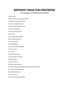 the birthday ideas for girlfriend are in this printable sheet, which includes words and pictures