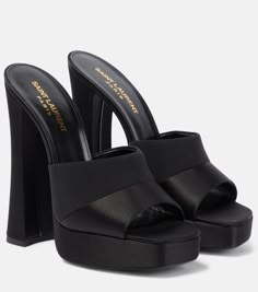 Boogie 110 satin platform mules in black - Saint Laurent | Mytheresa Saint Laurent Platform Heels, Ysl Boots, Yves Saint Laurent Shoes, Chic Heels, Platform Mules, Designer Pumps, Fame Dr, Classic Bags, Fashion Heels