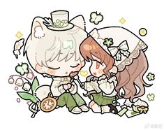 two cartoon characters are kissing each other with flowers and clovers around their necks,