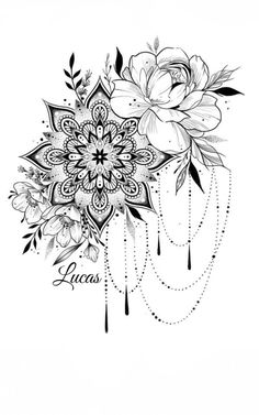 a black and white drawing of flowers with the word love written on it's side